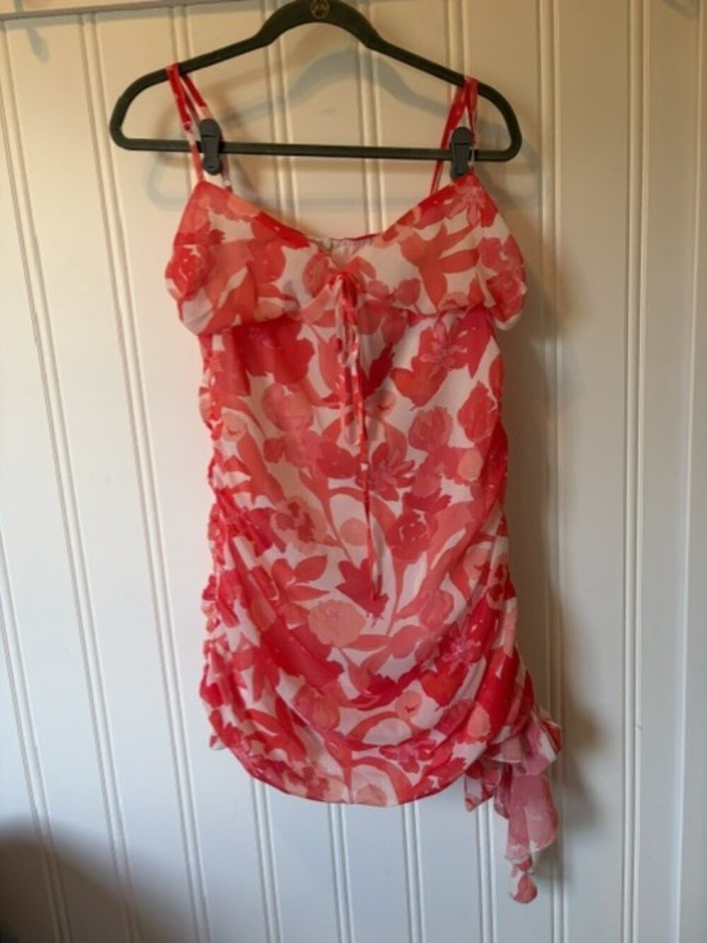 NWT PrettyLittleThing Pink Floral Ruched Bodycon Mini Dress UK 16 US 12